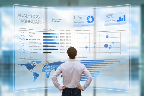 Employee reviewing data on a large screen